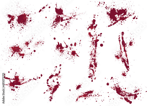 Abstract set of splatter red color blood background. red blood  splashes set. Realistic blood spatter set