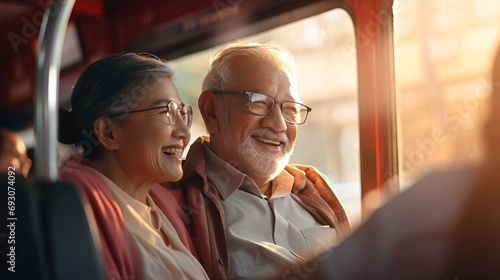 Joyful elderly couple on bus with defocused background, perfect for text placement and design © Ilja