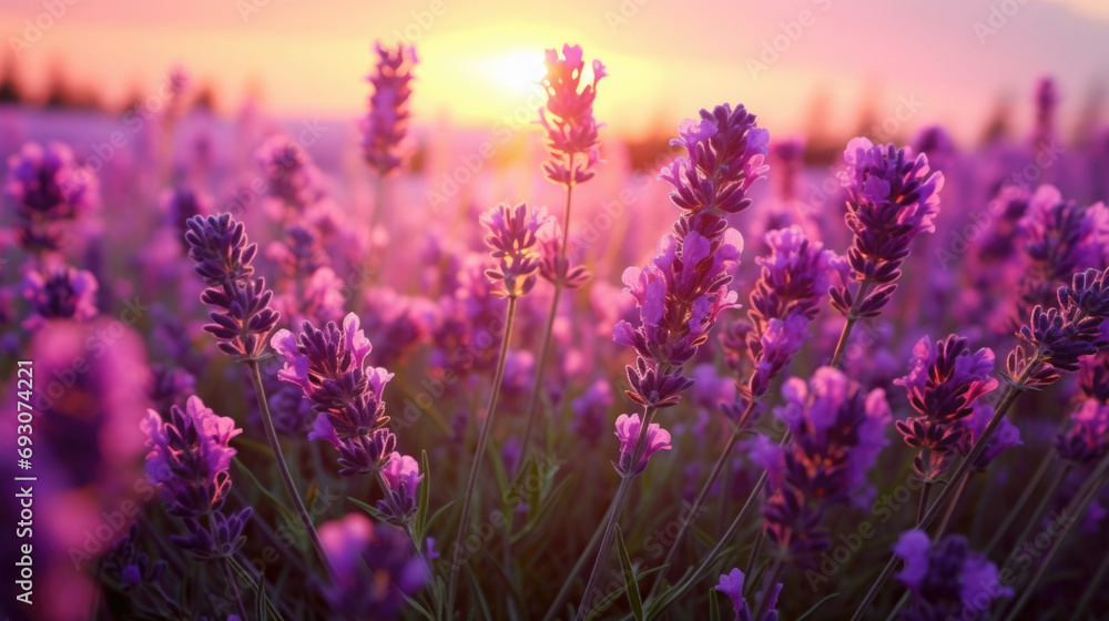 Lavender Grows In Field, Selling Flowers For Essential Oil. sunset Lavender Grows In Field, Selling Flowers For Essential Oil. sunset