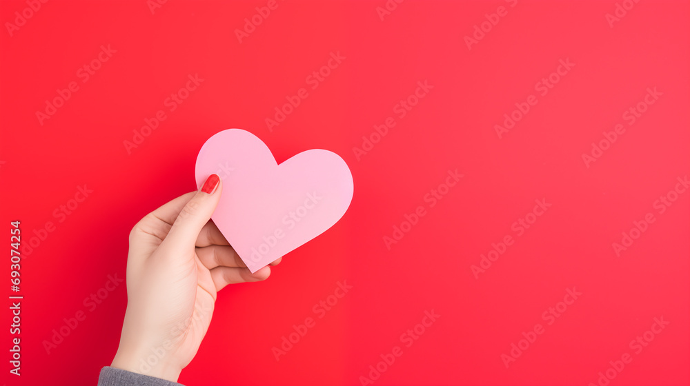 Hand holding blank paper greeting or invitation card over red background with heart shape. Christmas, Valentine day, New Year, winter holidays concept. Hand holding blank paper greeting or invitation card over red background with heart shape. Christmas, Valentine day, New Year, winter holidays concept.