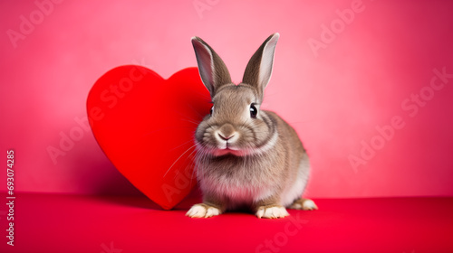 Cute rabbit with heart looking at camera with love. Postcard with funny pet bunny for Valentine's Day. Festive background with copy space.