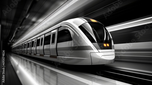 Sleek and futuristic modern subway train in motion, gliding through the bustling urban cityscape