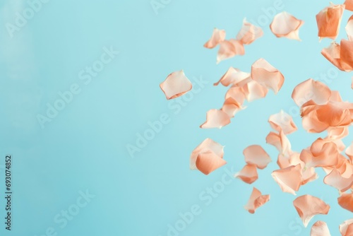 peach fuzz color sakura falling petals on blue background romantic illustration  photo