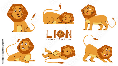 Cute Lion set. Hand drawn. Doodle Lion characters for nursery posters, cards, kids t-shirts. Vector illustration. Isolated Lion on white background.