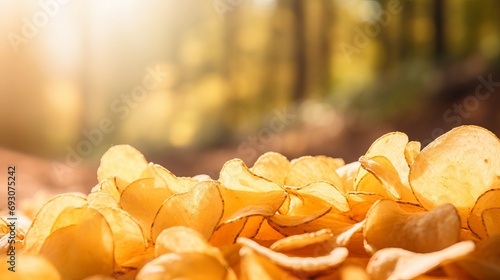 Tasty potato chips on blurred background with ample space for text and design integration photo