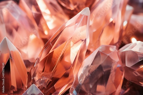 Abstract crystal background in peach fuzz colors with refracting of light and highlights on the facets
