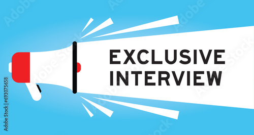 Color megaphone icon with word exclusive interview in white banner on blue background