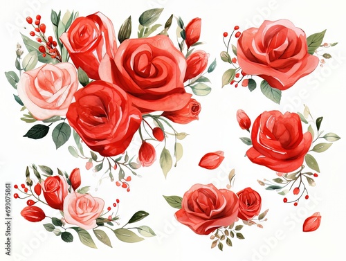 Valentines Day themed watercolor floral clipart  aquarelle plants isolated on white background