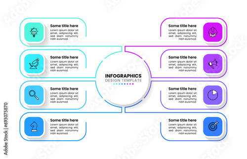Infographic template. 8 rectangles with icons connected to the center