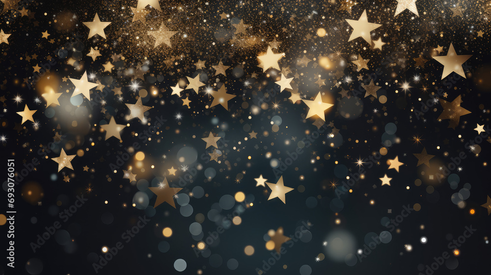 Obraz premium Festive horizontal Christmas and New Year background with gold glitter of stars