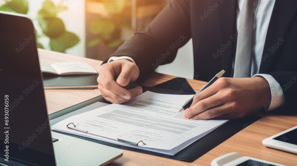 A businessman is reviewing and signing a document at his desk with a laptop and other office items around him. A businessman is reviewing and signing a document at his desk with a laptop and other office items around him.
