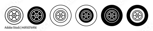 Car wheel icon. automobile transportation vehicle rubber tyre wheel with aluminum steel alloy rim symbol logo. sport automotive car truck wheel repair service vector. durable auto car wheel tire sign