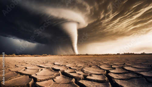 Big tornado storm above the desolate land. Dry cracked ground field and weather disasters caused by the global climate change. Environmental problem concept photo