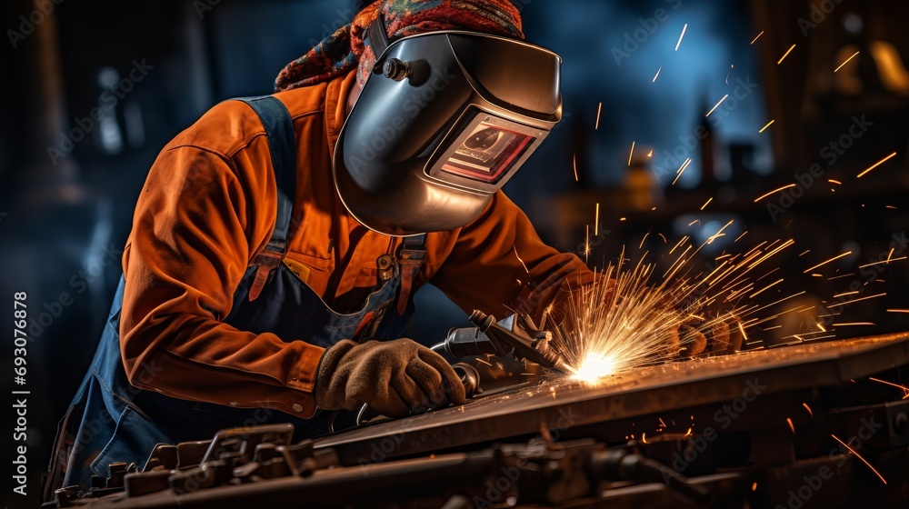 Skilled worker performing precise arc welding with electric welder in industrial setting Skilled worker performing precise arc welding with electric welder in industrial setting
