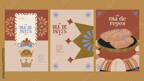 Conjunto de tarjetas postales, póster, invitación, posadas navideñas. Día de Reyes y Navidad en México y España. 6 de Enero, rosca de Reyes,  chocolate caliente, tamales, corona, carta reyes magos photo