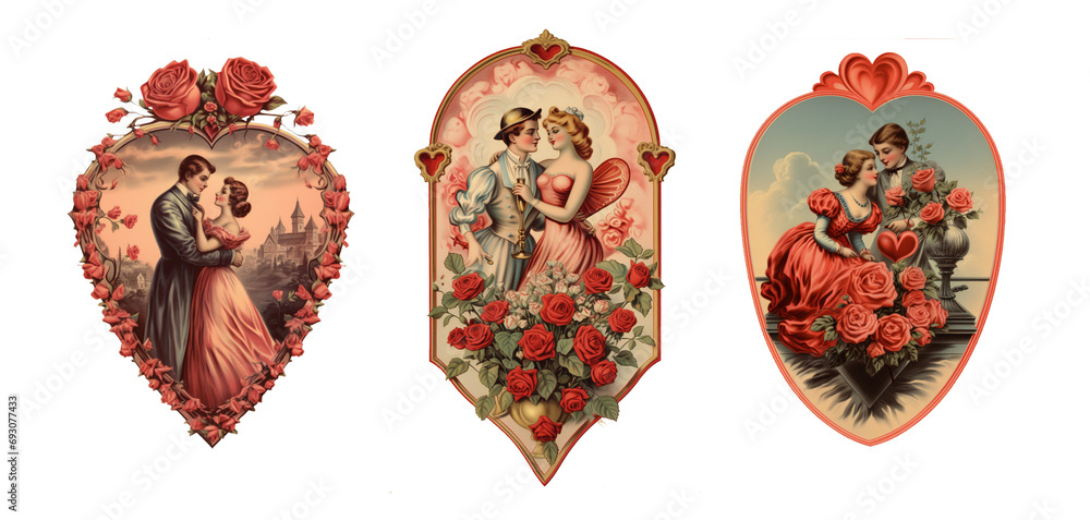 Set of vintage antique style Valentine's day greetings with cute lovers, red roses and hearts isolated on transparent background, png file