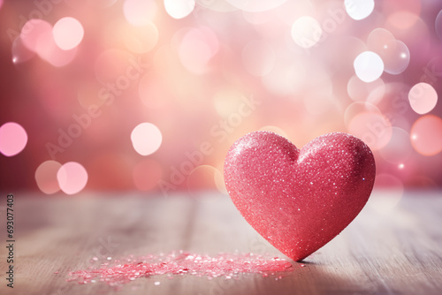 Pink shiny heart  glitter with defocused bokeh lights  Love and Valentine s day background or card