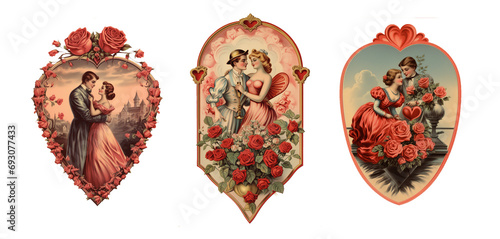 Set of vintage antique style Valentine's day greetings with cute lovers, red roses and hearts isolated on transparent background, png file
