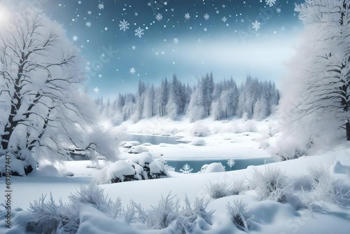 Abstract Silver Background Panorama Winter Landscape with Falling Snowflakes