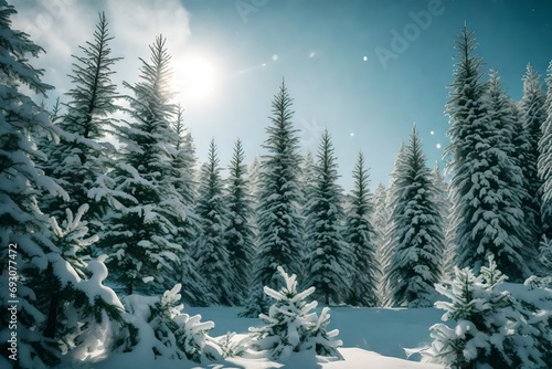 A cluster of evergreen trees dusted with freshly fallen snowflakes