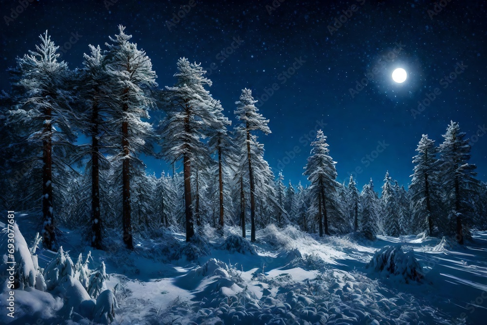 Snow-covered pine trees in a moonlit forest