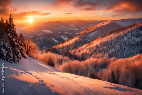 A peaceful winter sunset casting warm hues on snowy hills © Creative artist1