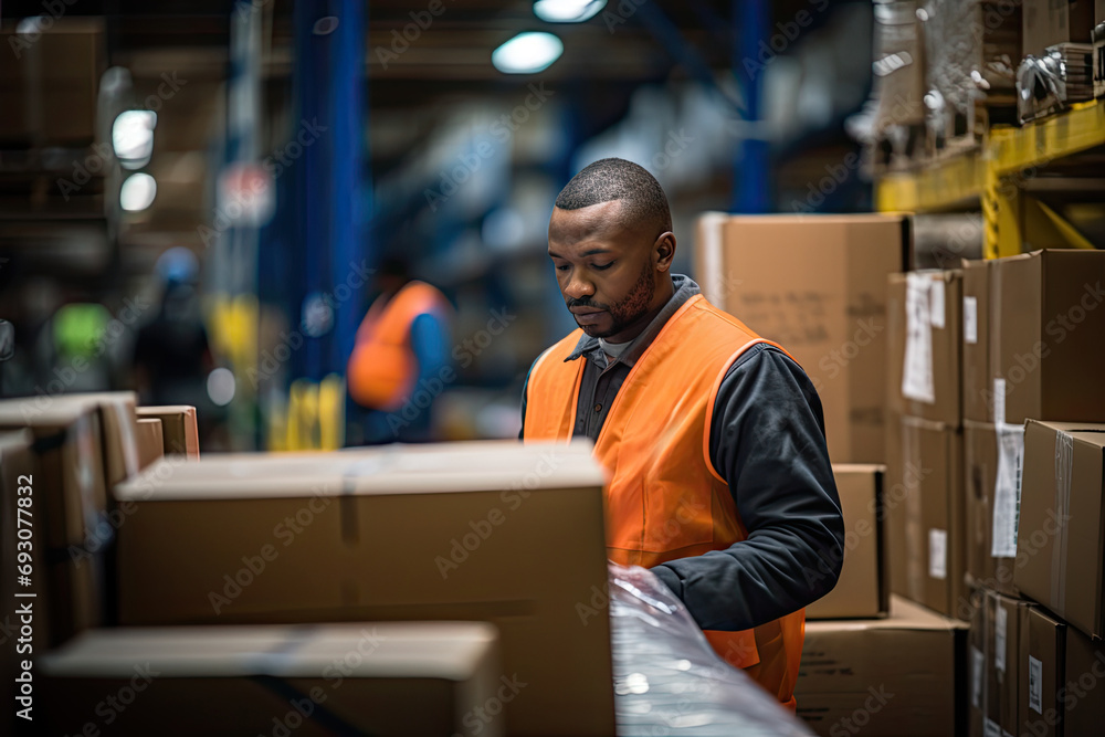 Serious black man in a warehouse managing shipping logistics, wearing reflective vest for safety, overseeing distribution operations. Serious black man in a warehouse managing shipping logistics, wearing reflective vest for safety, overseeing distribution operations.