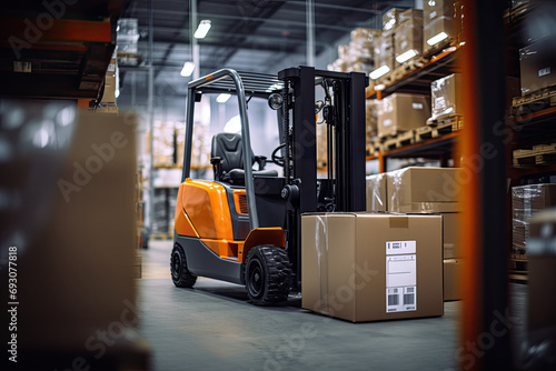 Busy industrial warehouse with forklifts, trucks, and workers efficiently managing transportation, distribution, and storage operations. photo