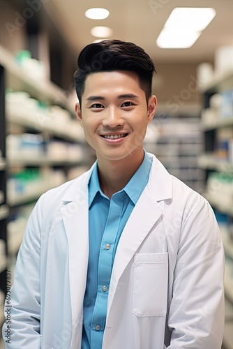 Young Asian doctor in a white coat, providing expert healthcare service with a happy smile.