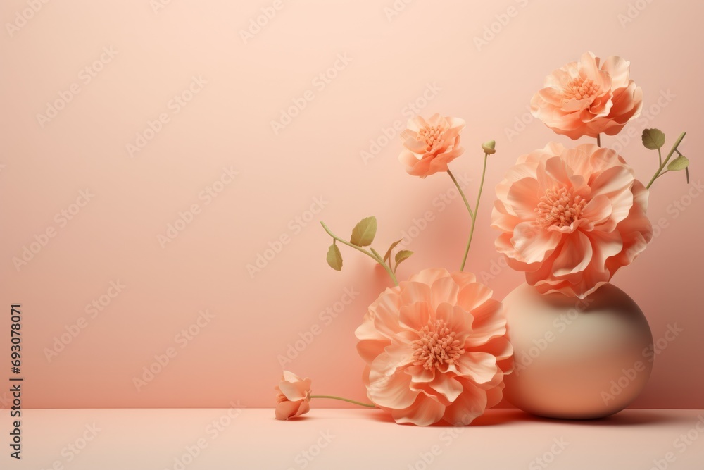 Minimal modern product display, flowers and podium on textured Peach Fuzz background