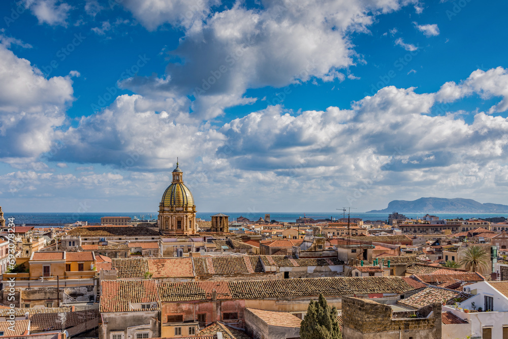 Skyline of Palermo city seen from the rooftops, Italy