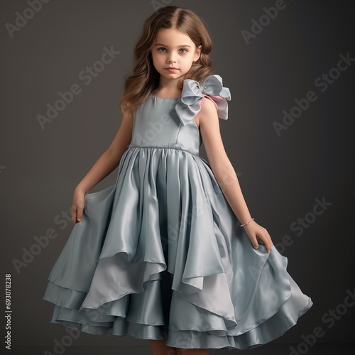 Beautiful little girl fashion model in silk dress on studio background, pretty kid posing