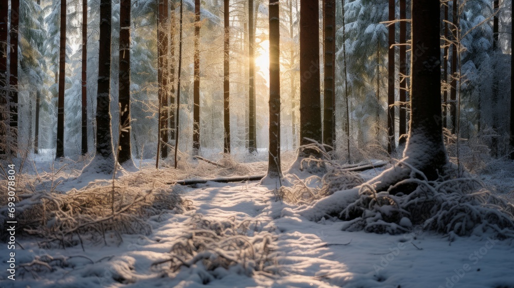 Beautiful winter sunset in magic forest with trees in the snow at twilight Beautiful winter sunset in magic forest with trees in the snow at twilight