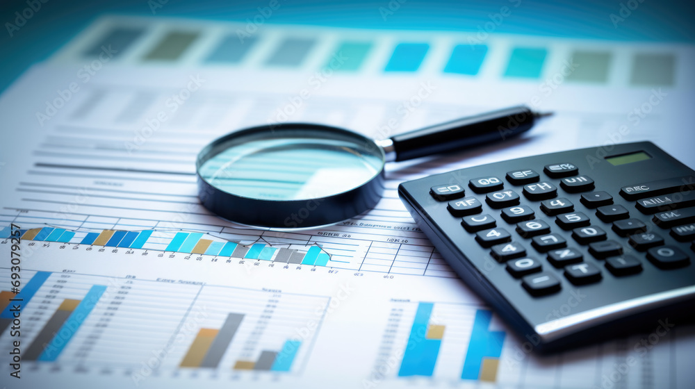 High angle view of financial documents with graphs and tables, a magnifying glass inspecting the details High angle view of financial documents with graphs and tables, a magnifying glass inspecting the details