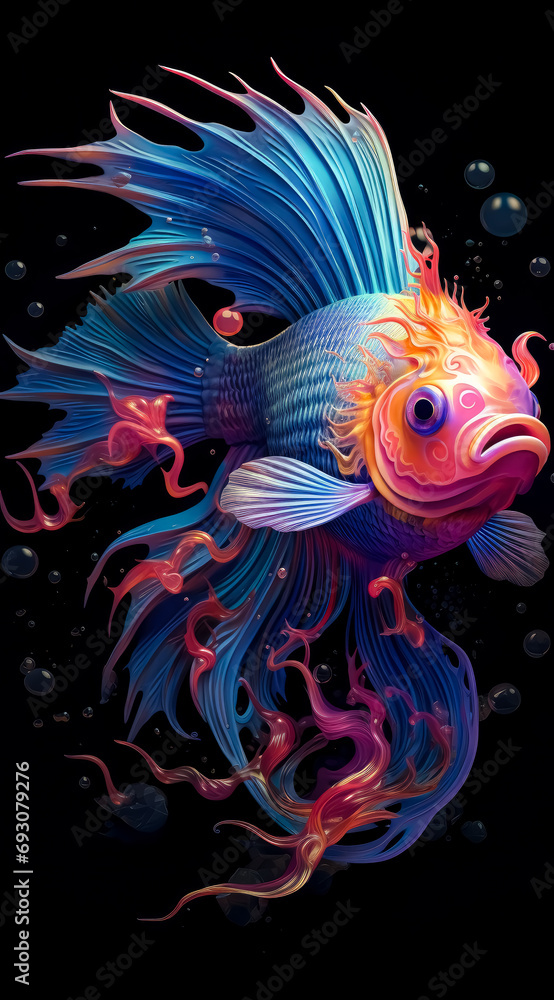 A colorful detailed fish with lots of hair tails is floating around, elegant brushstrokes.