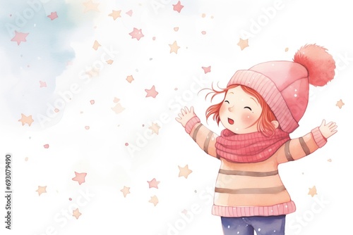 little girl in a pink beanie reaching for falling snowflakes