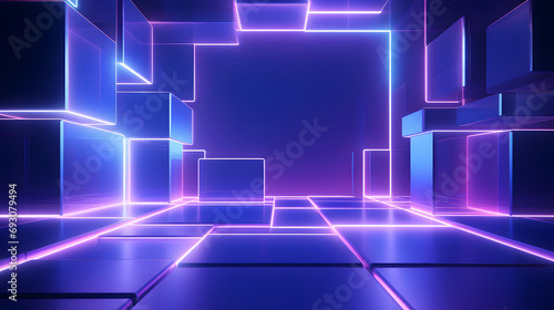 3d rendering of purple and blue abstract geometric background. Scene for advertising, technology, showcase, banner, game, sport, cosmetic, business, metaverse. Sci-Fi Illustration. Product display