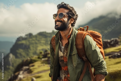 Young man in sunglasses hiking