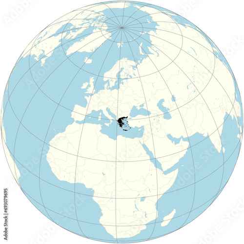 Greece is positioned at the center of the orthographic projection of the global map. A country in Southeast Europe, located on the southern tip of the Balkan peninsula.. photo