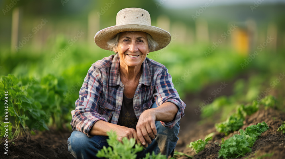 Smiling senior woman farmer wearing a straw hat kneeling in a field