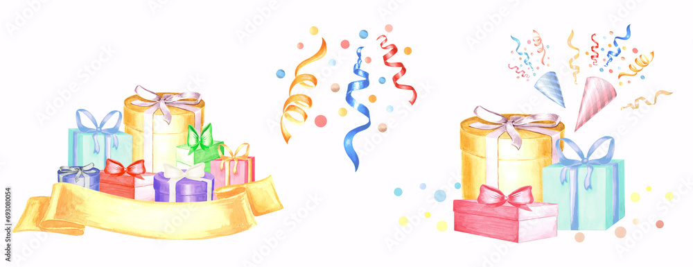 Watercolor set of holiday festive giftboxes with bows, banner, exploding party poppers, streamers and confetti. Template illustration of Happy birthday. Isolated clip art for greeting card, wrapper