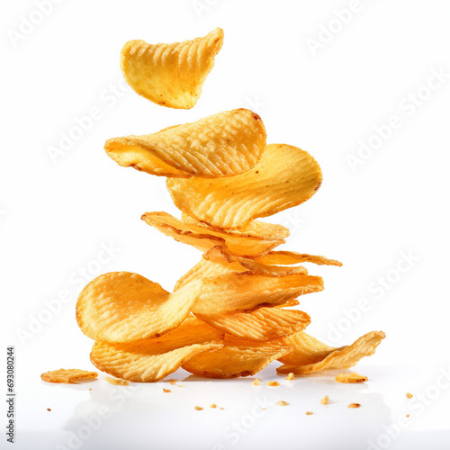 A clear image of lays stax chips floating in air on a plain white background © MrOwlCreatives