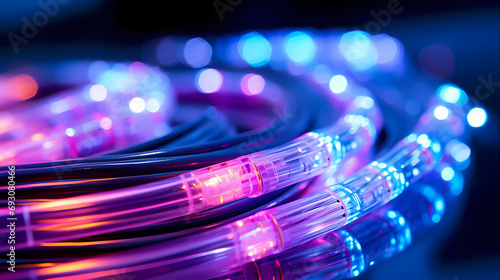 Dynamic image of a network cable with streaming colorful light, symbolizing high-speed internet and technology