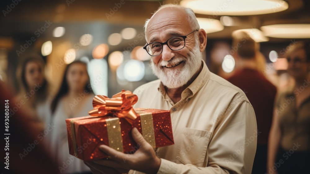 an old man in a white shirt holding a red gift box at a festive party. an old man in a white shirt holding a red gift box at a festive party.
