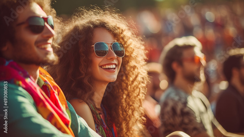 Happy curly haired young woman enjoying concert outdoors in the summer.