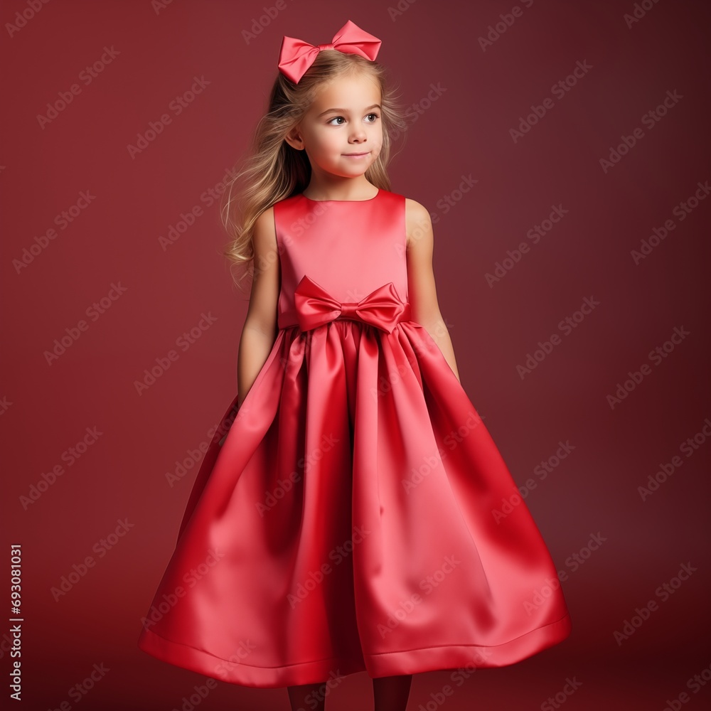 Beautiful little girl fashion model in red silk dress on studio background, pretty kid posing Beautiful little girl fashion model in red silk dress on studio background, pretty kid posing