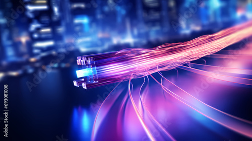 Dynamic image of a network cable with streaming colorful light, symbolizing high-speed internet and technology photo