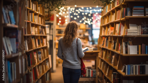 a woman browsing books in a cozy bookstore with fairy lights.