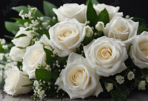 Bouquet of white roses and eustoma flowers isolated