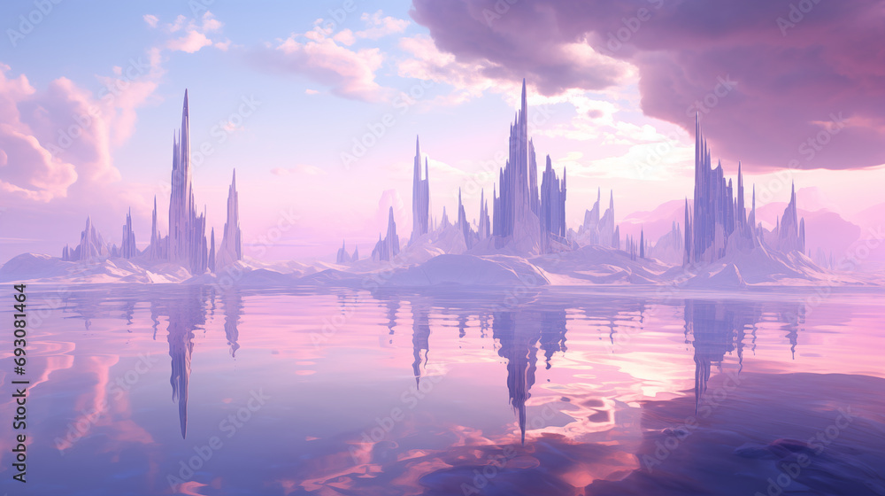 A landscape filled with floating islands bathed in soft, ethereal light. Skies are adorned with neon hues, casting a dreamy glow on the metallic structures that seem to defy gravity - obrazy, fototapety, plakaty 